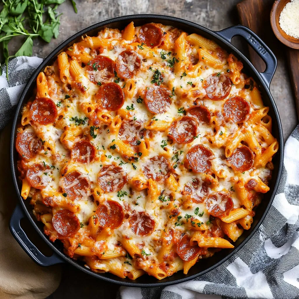 Baked pasta topped with pepperoni and gooey cheese.