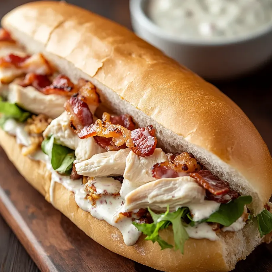 A sandwich filled with chicken and bacon.