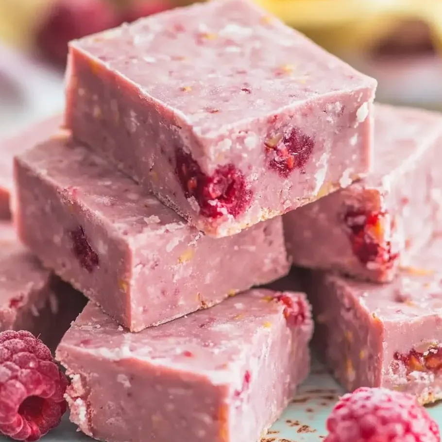 A vibrant stack of coconut raspberry sweets.