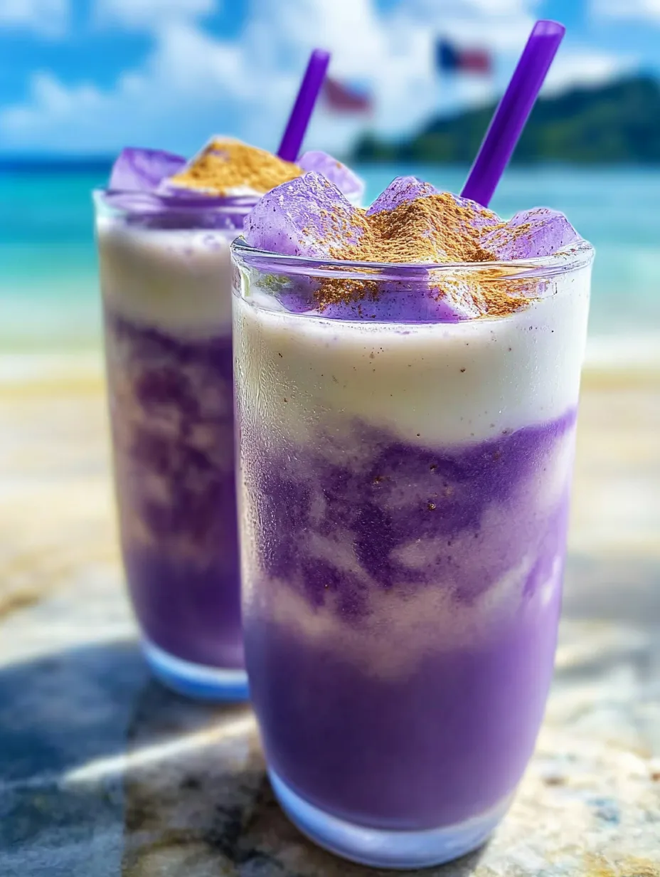A pair of glasses filled with purple liquid topped with cinnamon sprinkles.