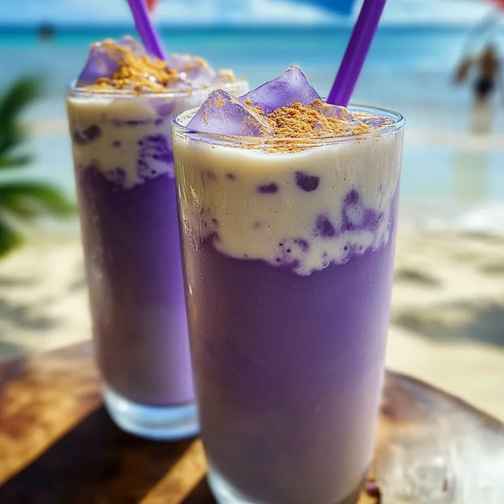 Two cups of purple beverage with straws.