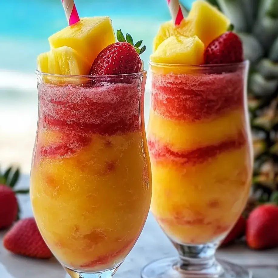 Two chilled glasses filled with pineapple and strawberry layers.