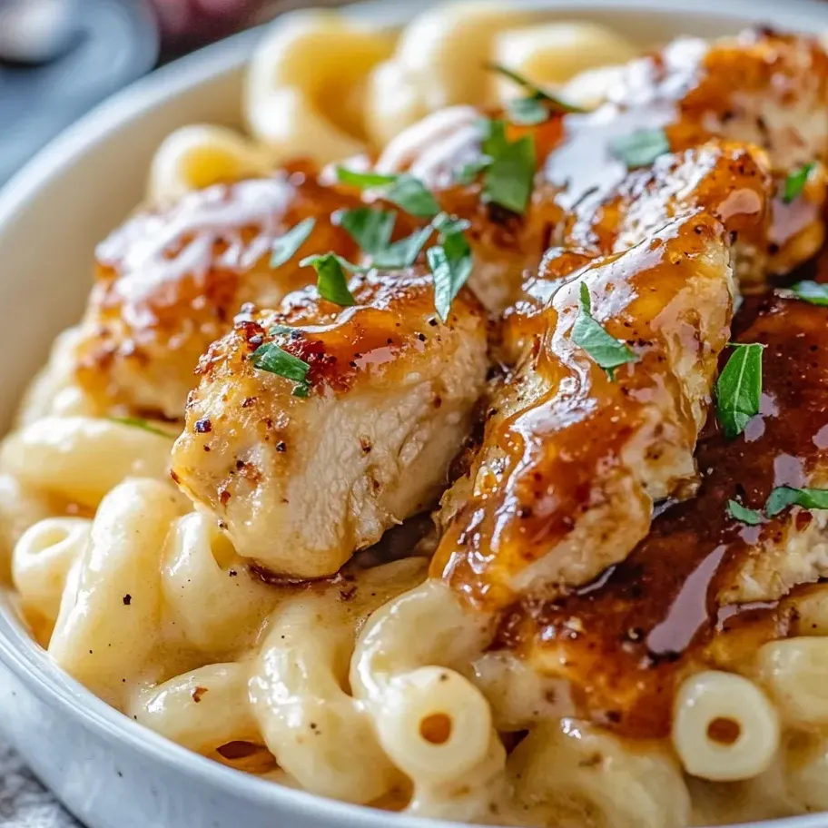 Cheesy pasta topped with honey chili chicken.