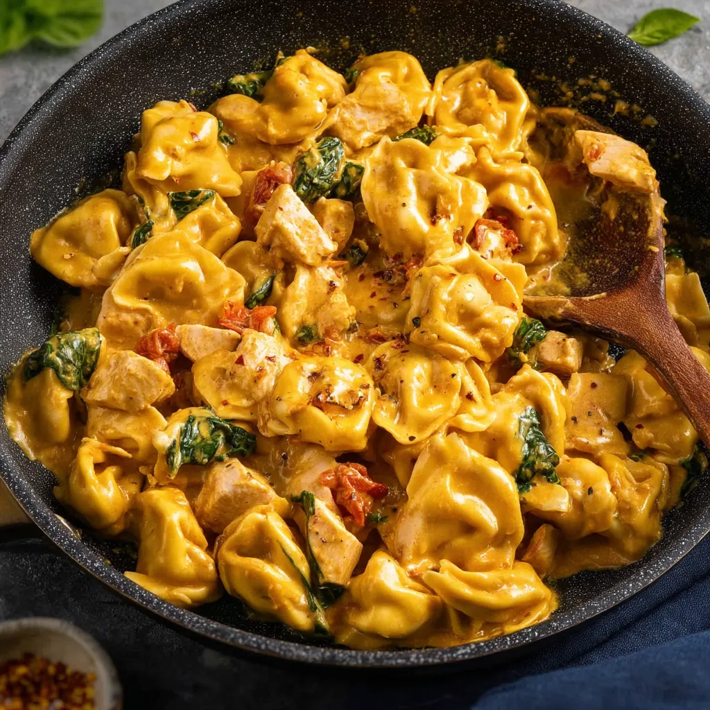 A tempting chicken and pasta dish on a plate.
