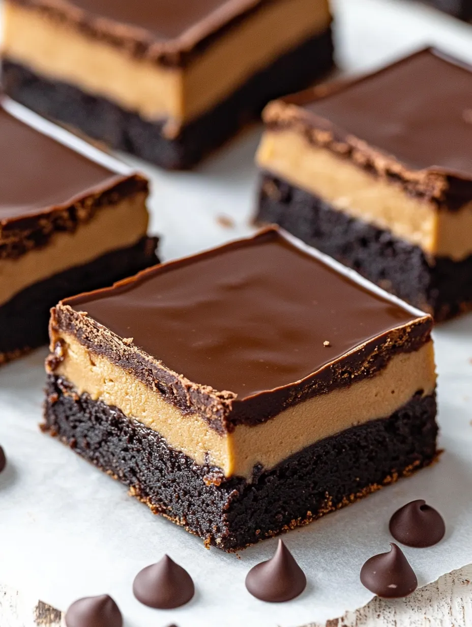 Up-close shot of rich buckeye brownie with creamy peanut butter center.