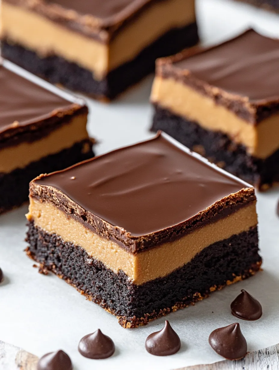Extreme close-up of a decadent slice with peanut butter and chocolate layers.