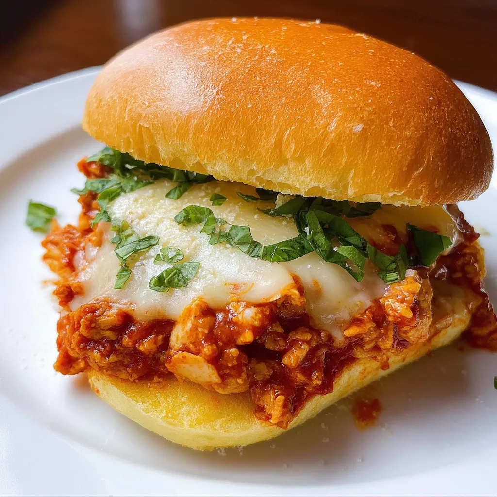 A juicy parmesan chicken sloppy joe on a white dish.