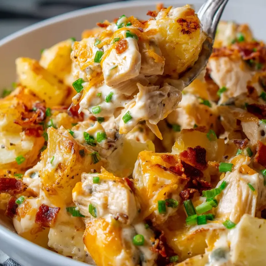 A bowl filled with ranch chicken and potato topped with bacon and cheese.