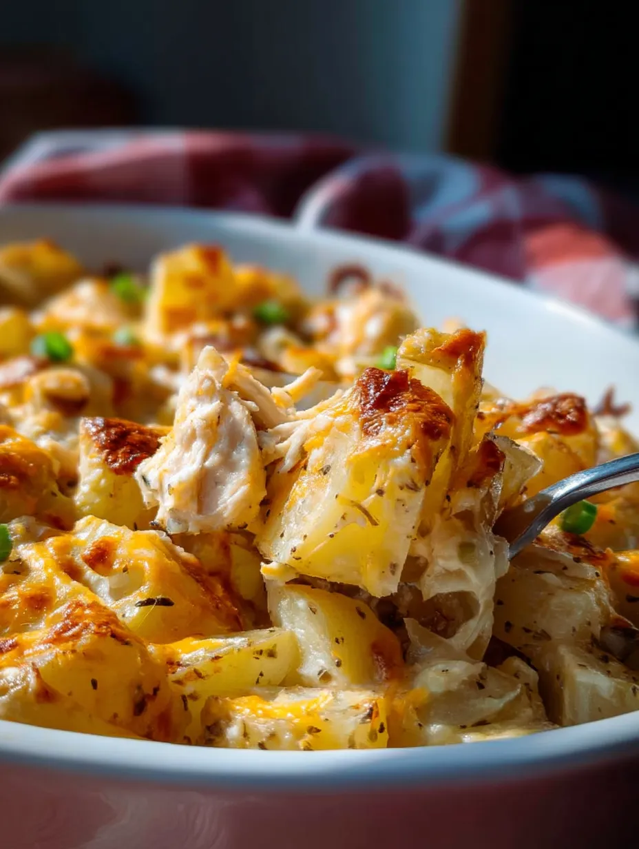 A white bowl packed with a mouthwatering potato ranch chicken casserole.
