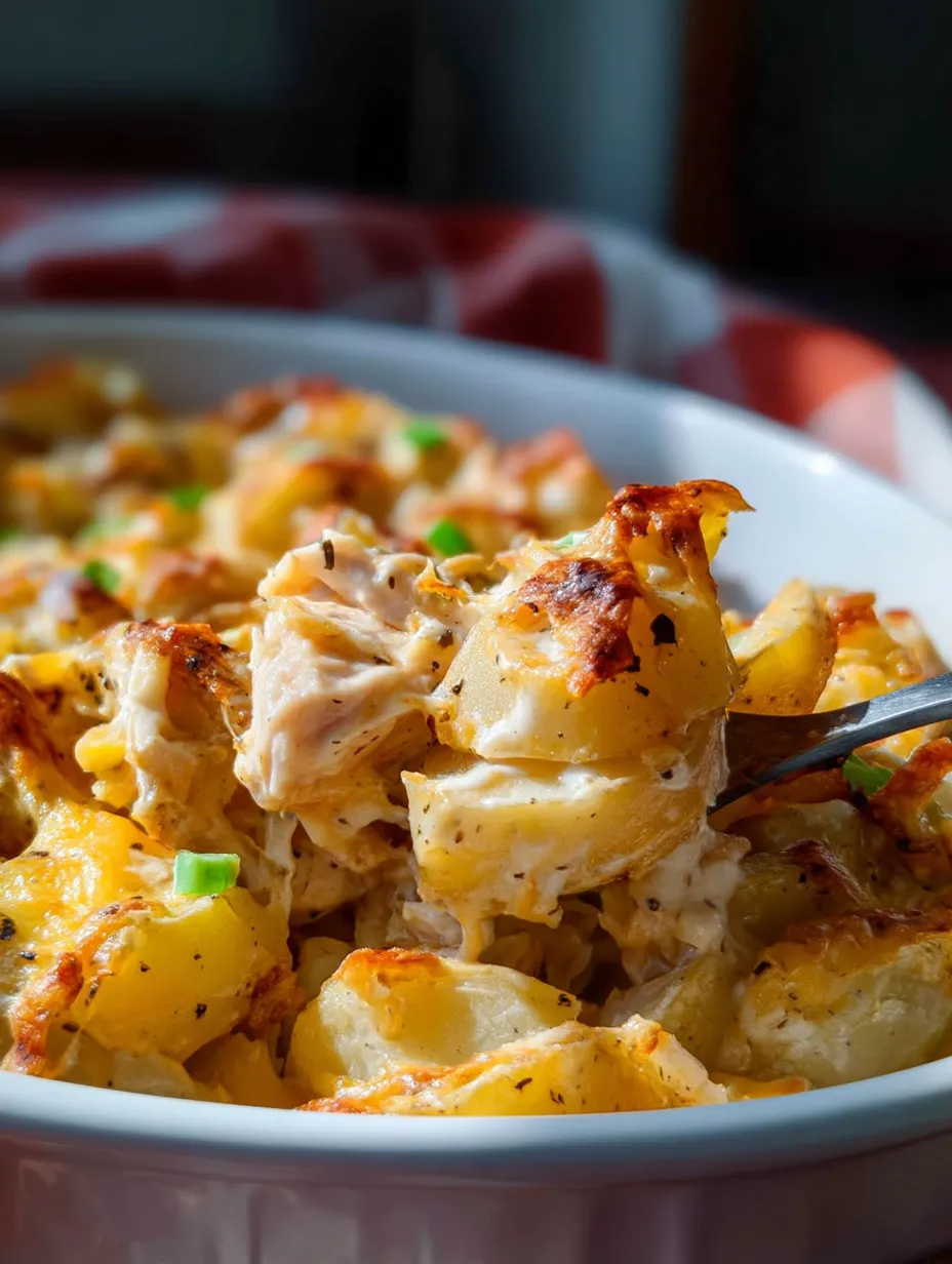 A white bowl packed with potato ranch chicken casserole, loaded with toppings.