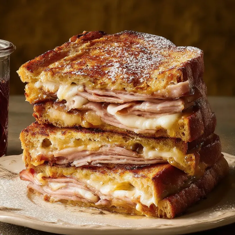 A stack of Monte Cristo sandwiches.
