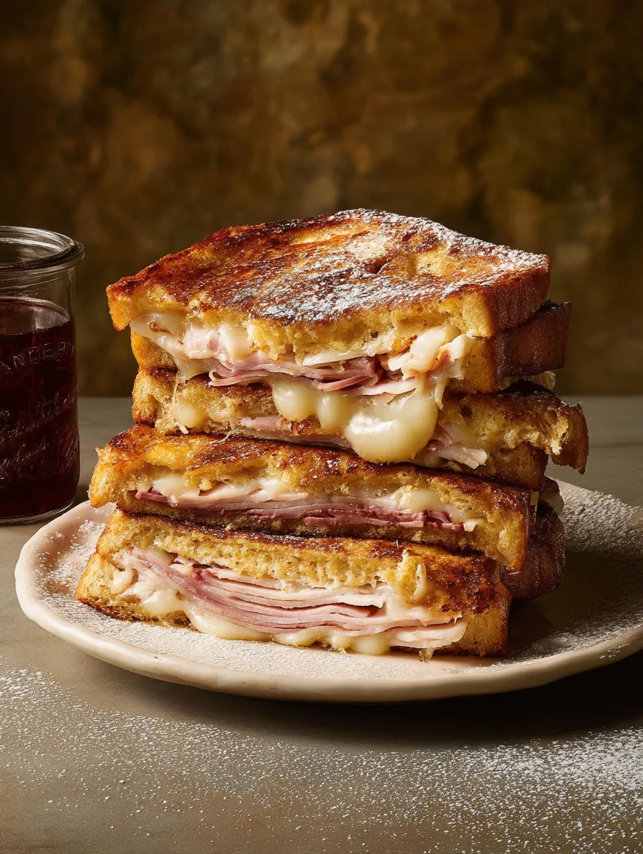 Stacked crispy Monte Cristo sandwiches.