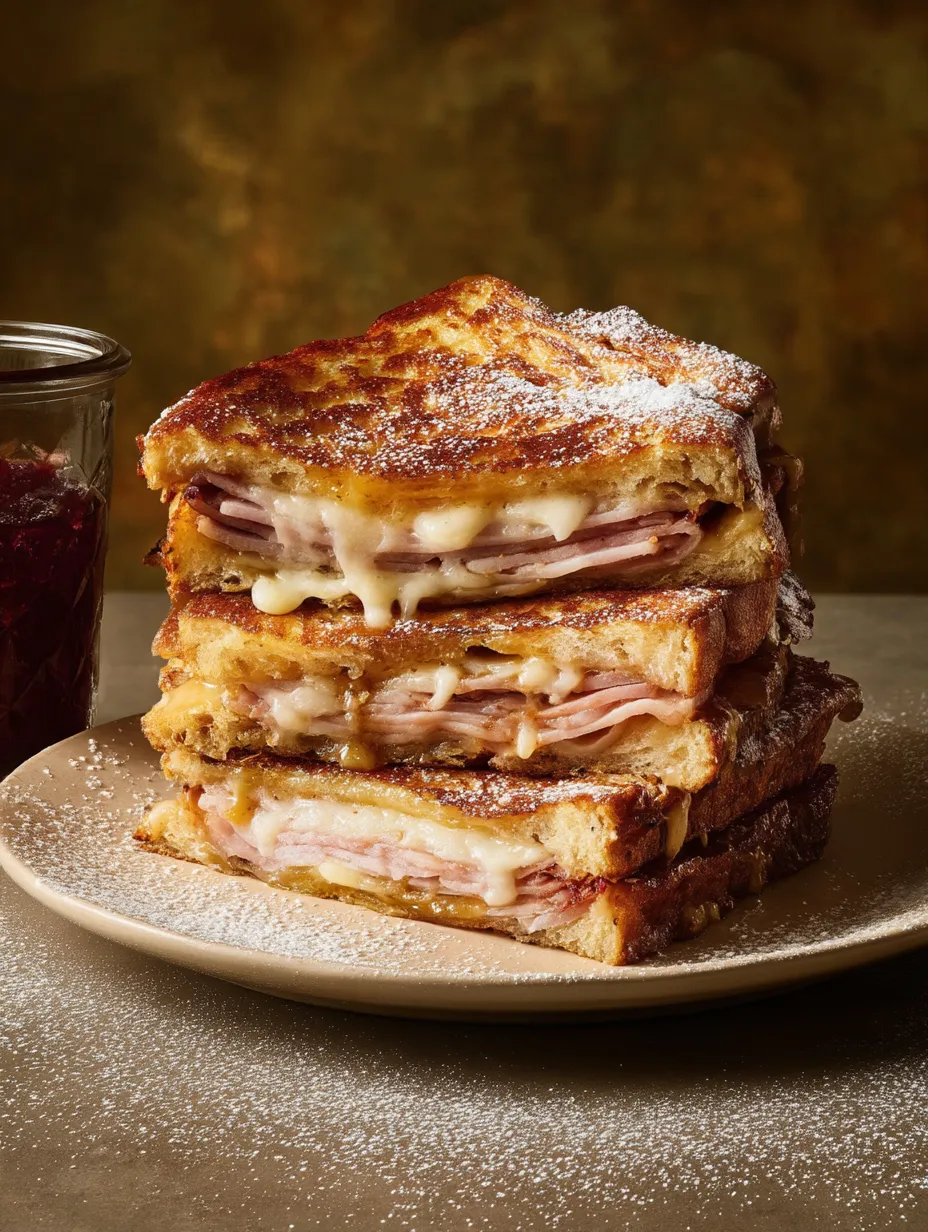 Cheesy ham Monte Cristo sandwich stacked up.