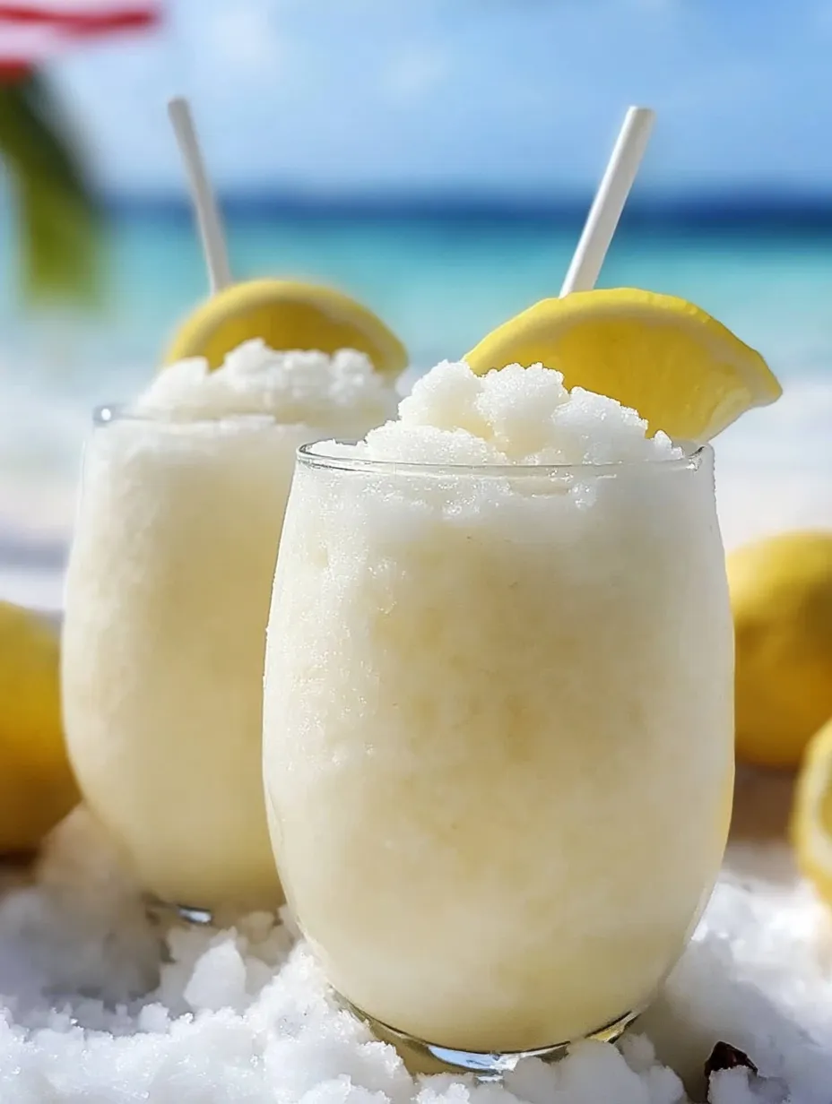 Two glasses packed with coconut lemonade slush.