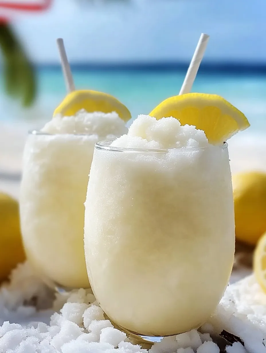 Two glasses filled with icy coconut lemonade.