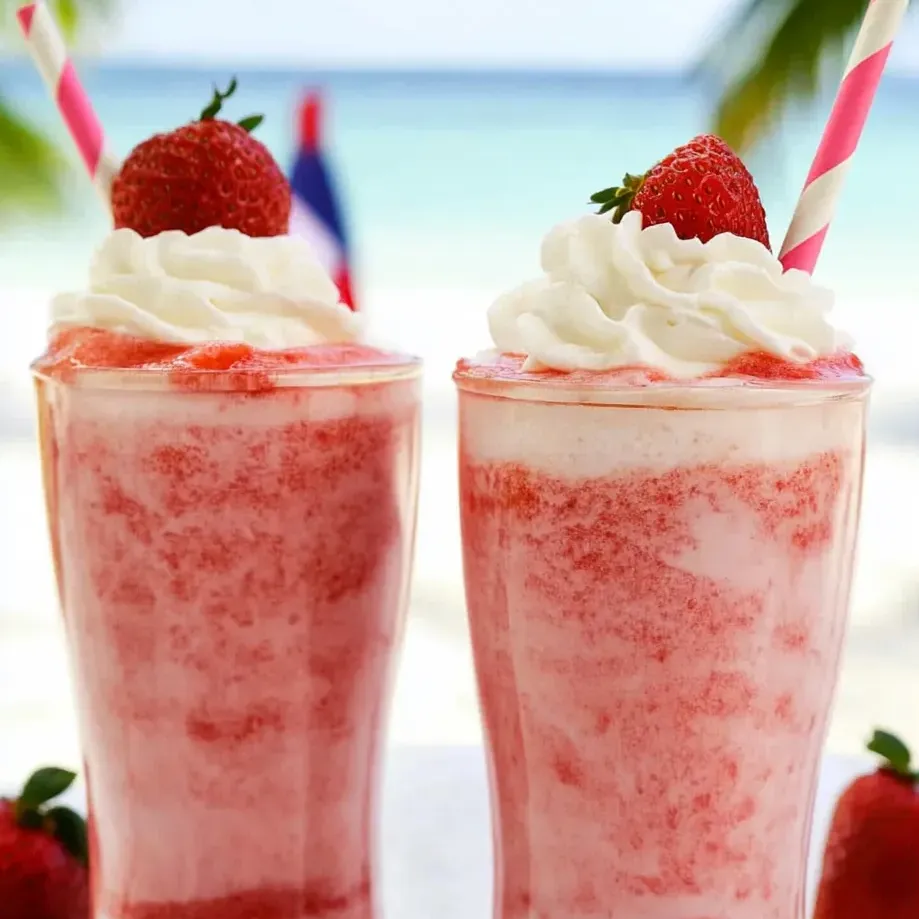 A pair of strawberry frappuccinos sitting on a table.