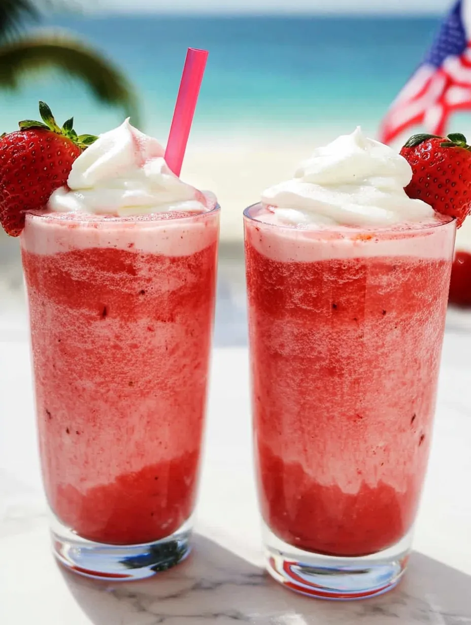 Two glasses with frosty pink strawberry frappuccino and whipped cream.