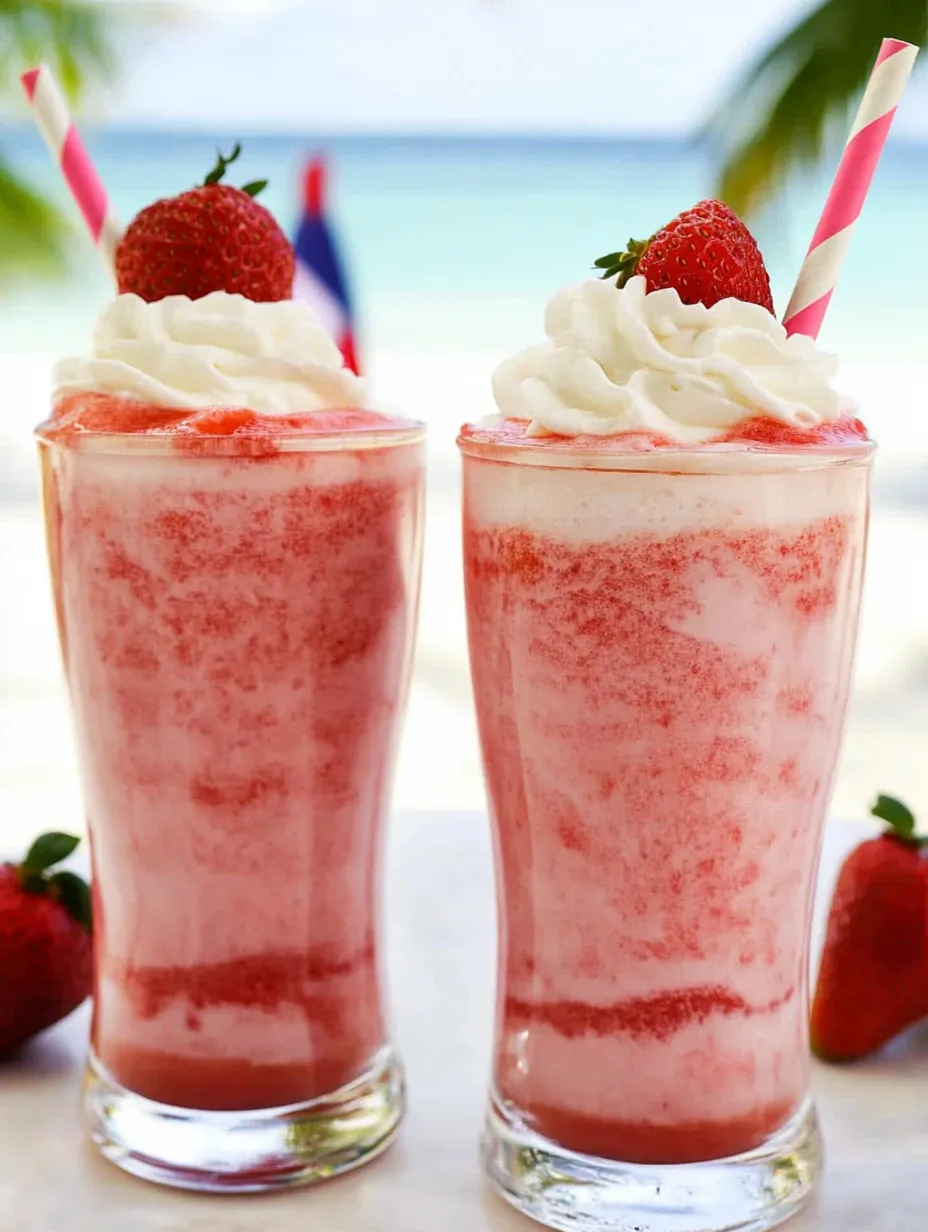 Two glasses filled with strawberry frappuccino topped with whipped cream.