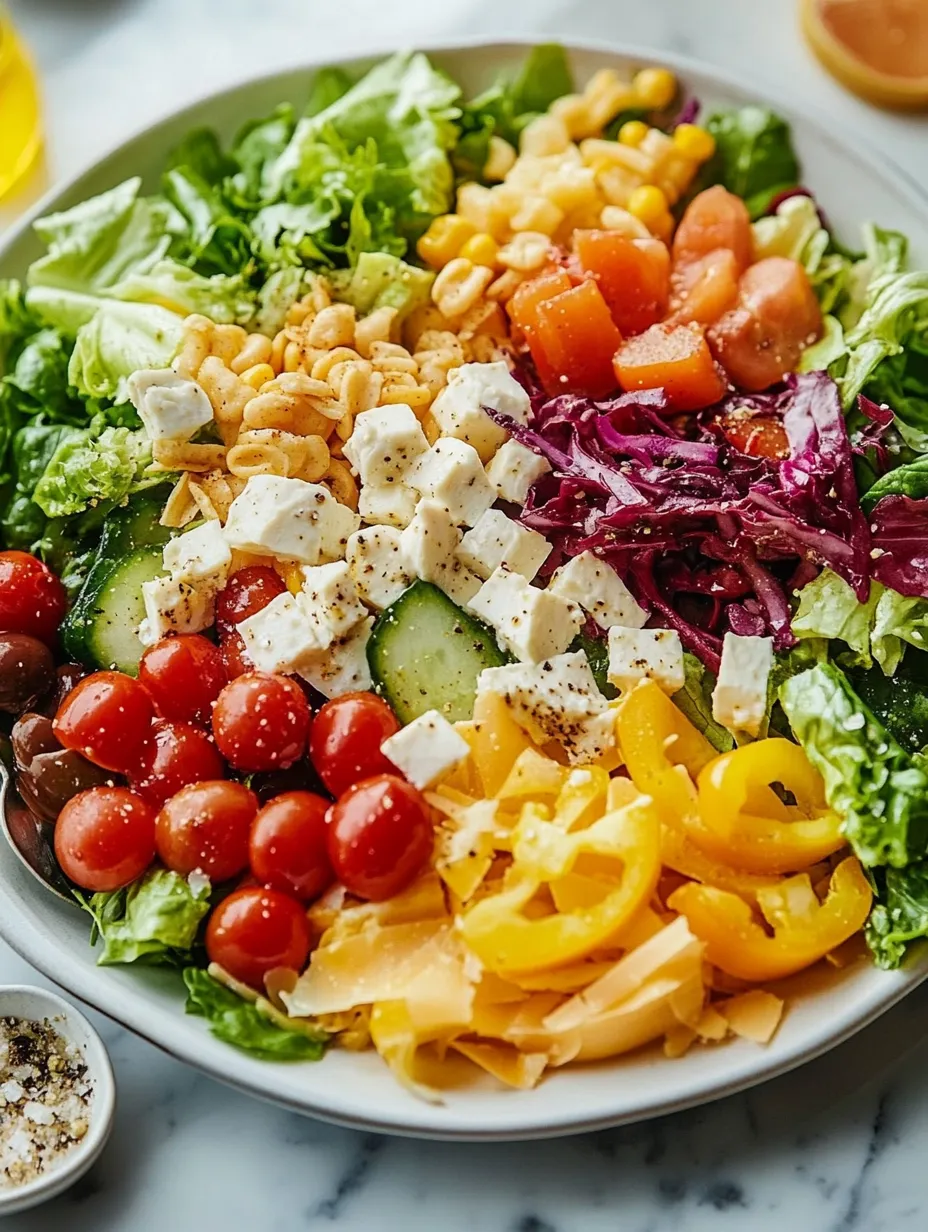 A colorful salad with tomatoes, cucumbers, cheese, and other vegetables.