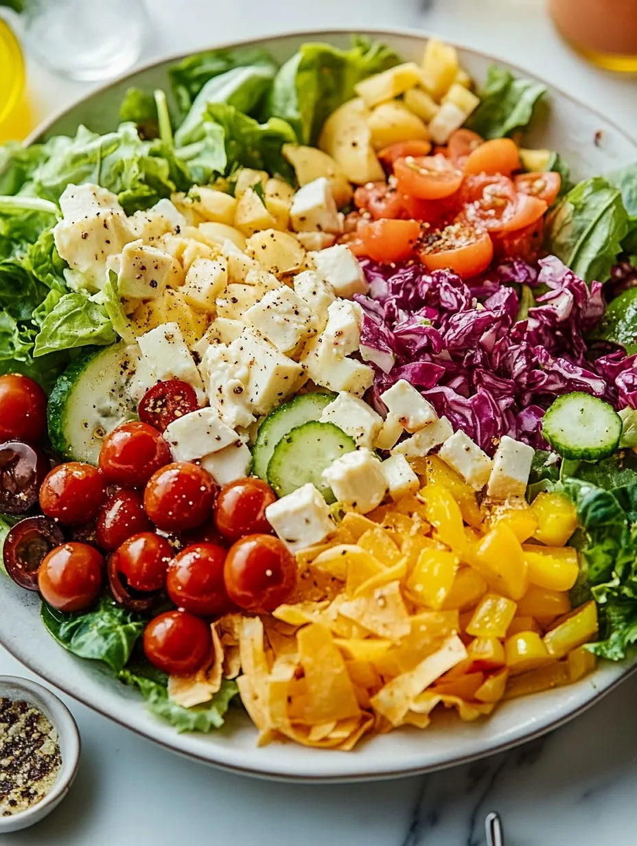 A colorful Italian chopped salad with tomatoes, cucumbers, cheese, and lettuce.
