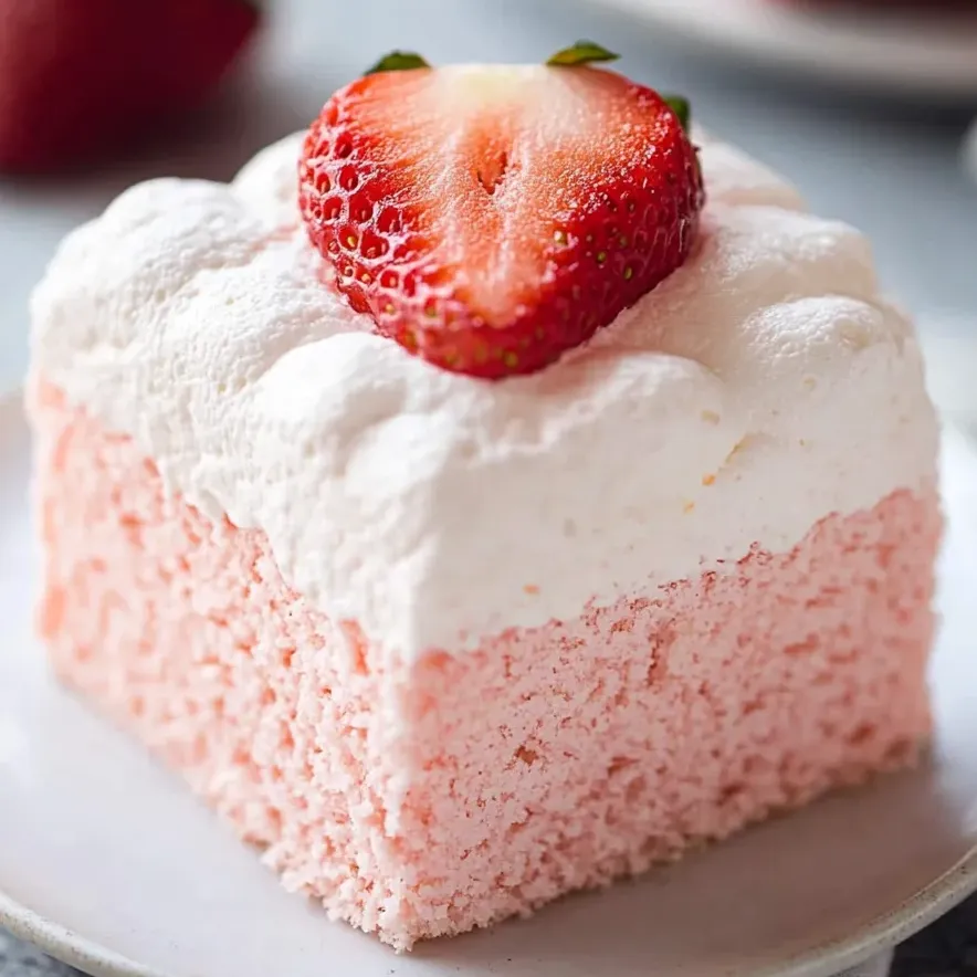 A slice of pink and white cake with a strawberry on top.