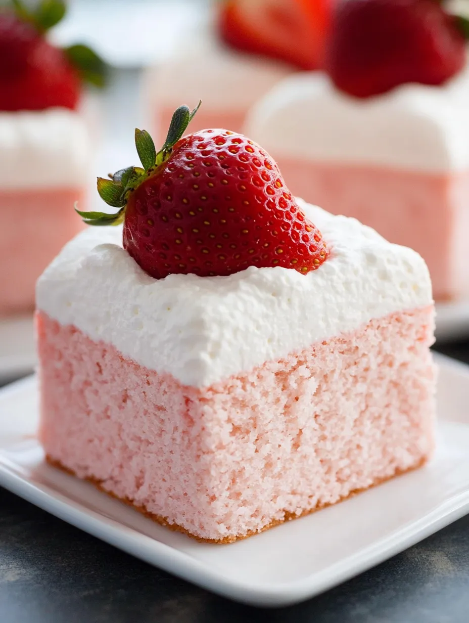 A pink-and-white slice topped with a strawberry sits on a plate.
