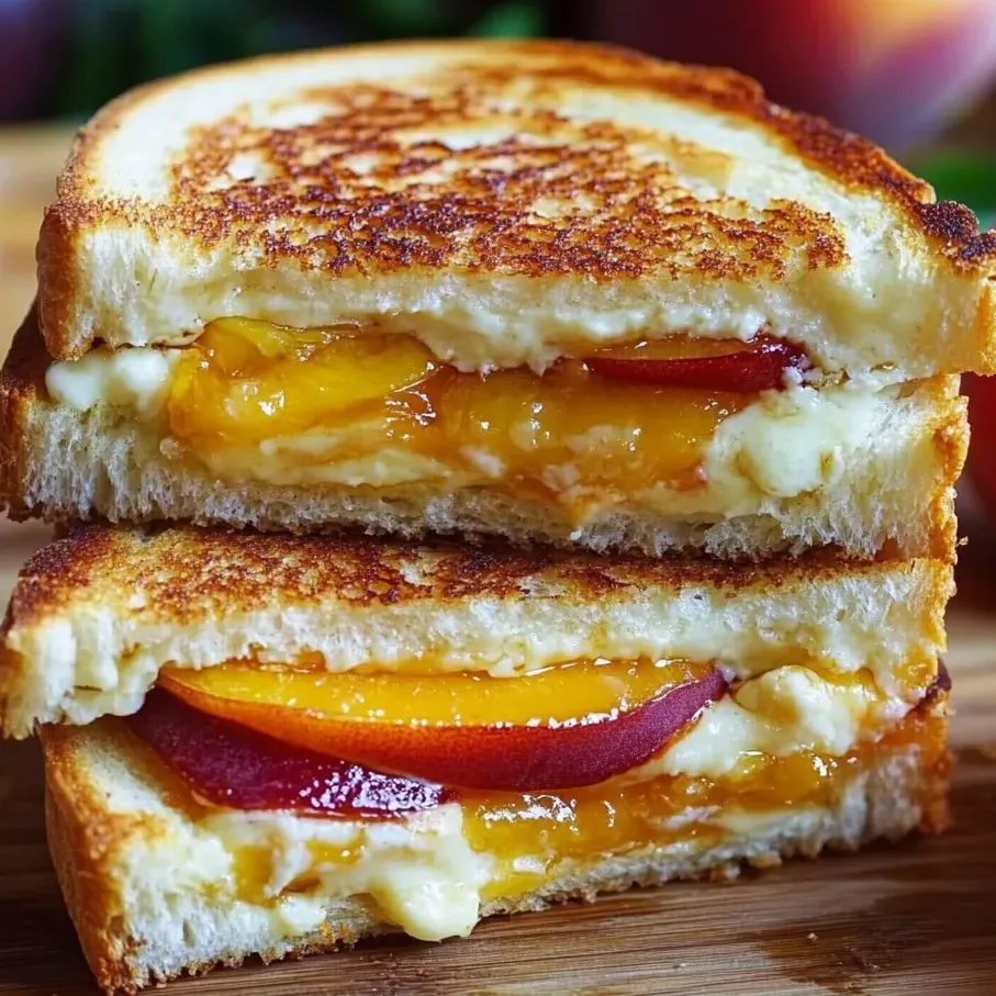 Golden grilled sandwich with cheesy peaches and white cheddar.