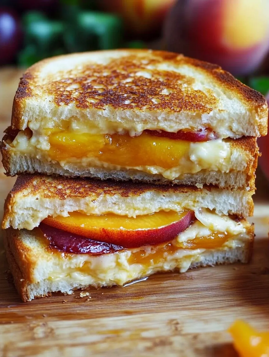 A sandwich with peaches and white cheddar cheese.