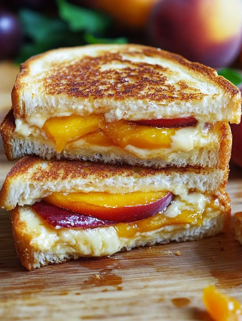 A grilled cheese sandwich with peaches and white cheddar cheese.