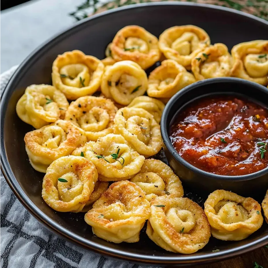 Crispy tortellini piled in a bowl with some dipping sauce on the side.