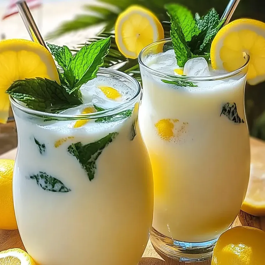 Condensed milk lemon drink in two glasses with lemon curls.