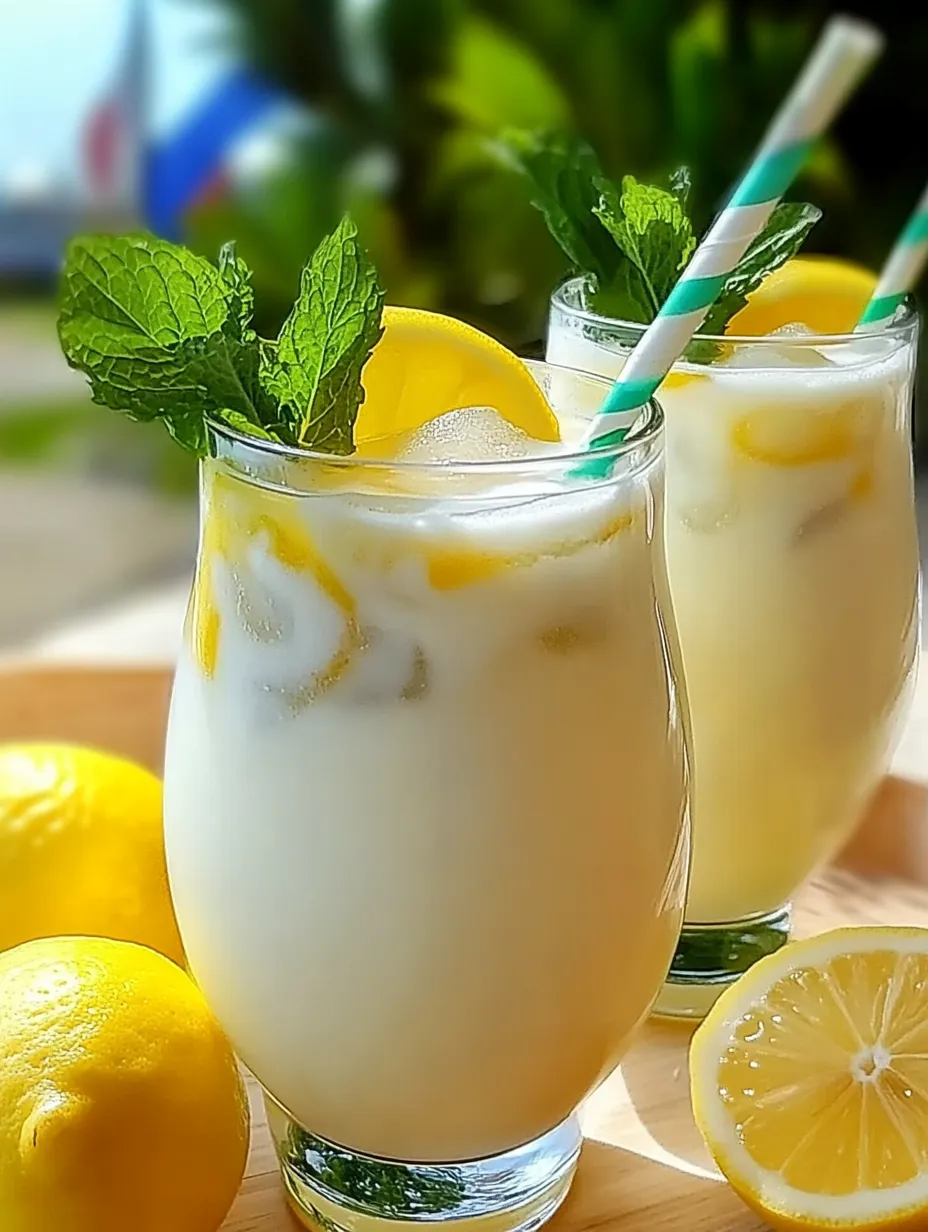 Two chilled glasses with condensed milk lemonade and lemon curls.
