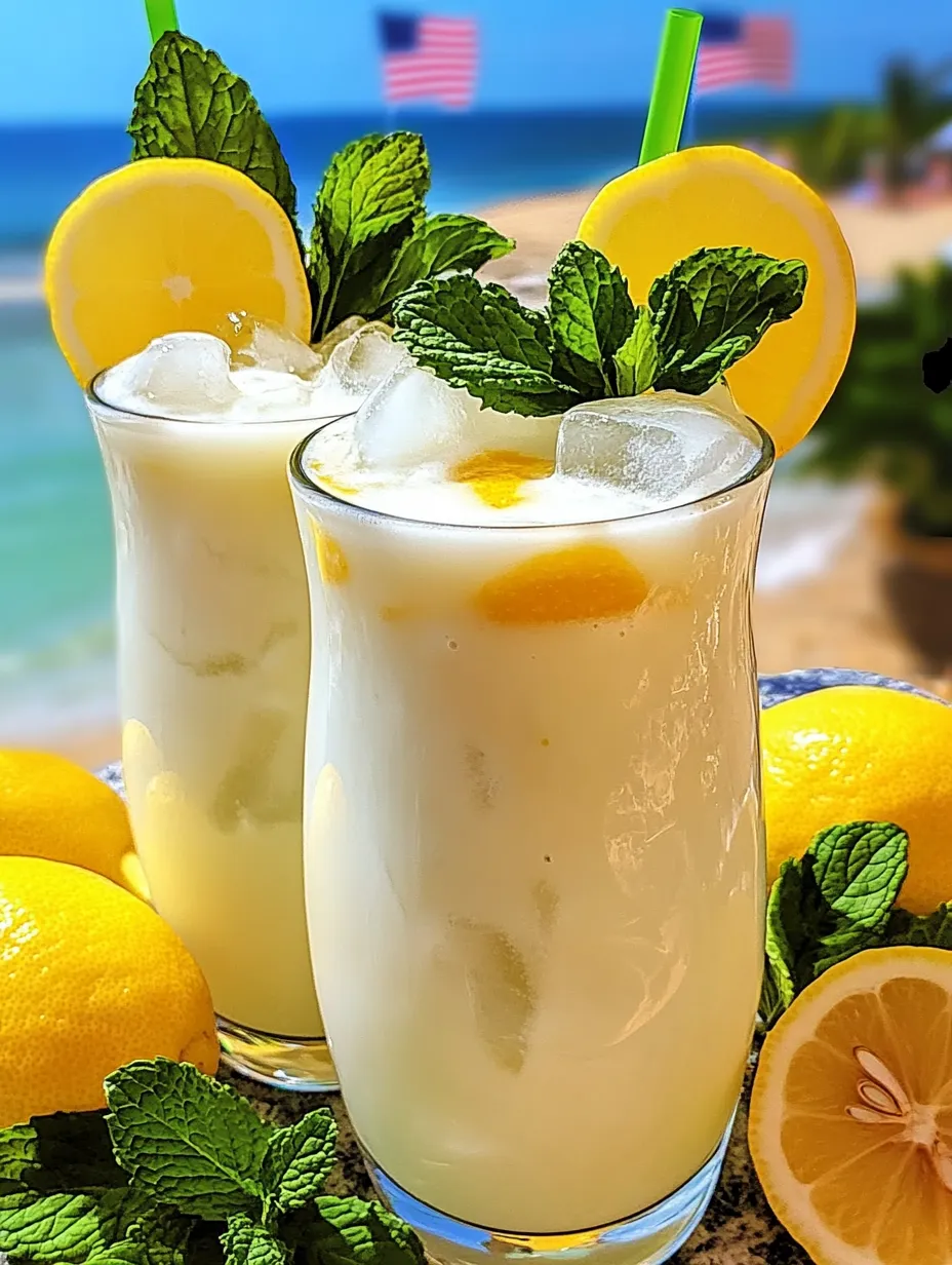 Two chilled glasses with condensed milk lemonade and lemon curls.