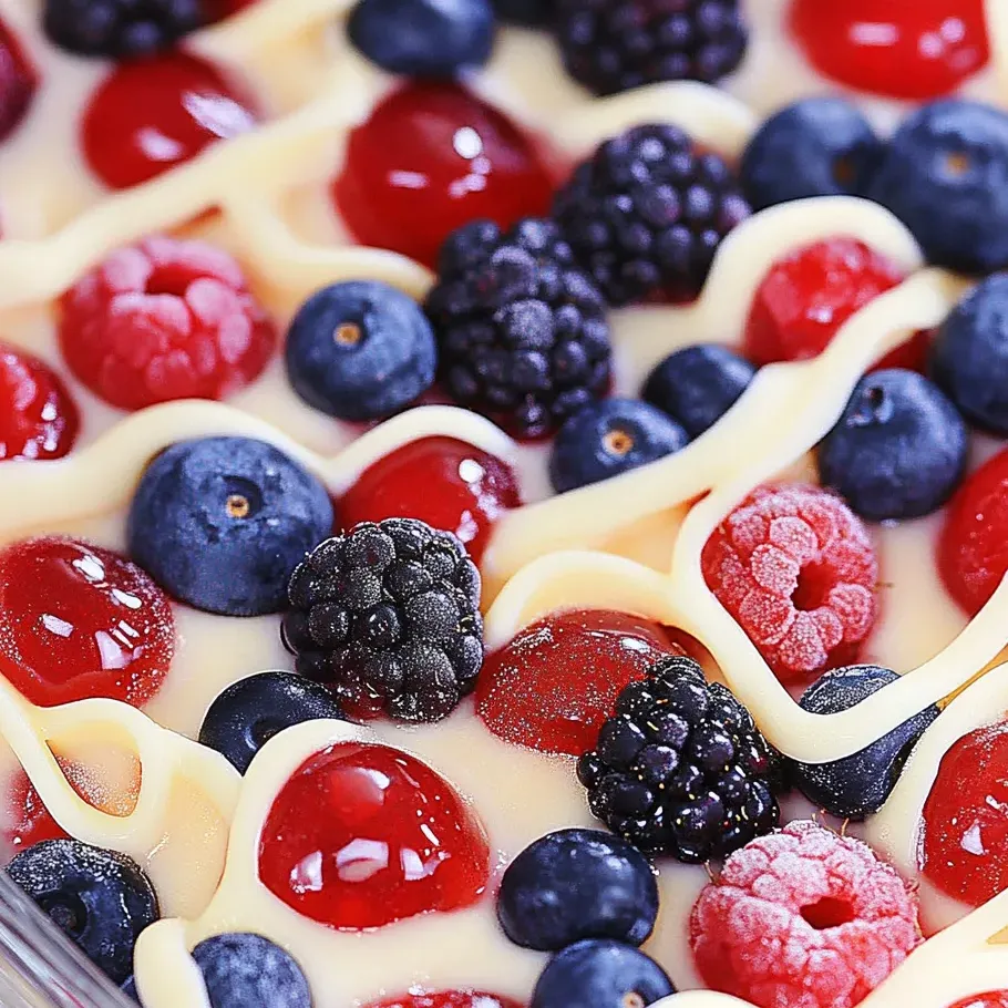 Zoomed in shot of layered berries and fluff cream.