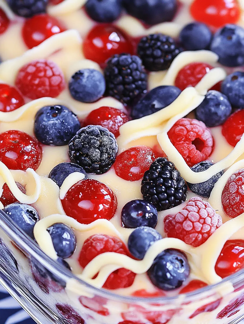 Dessert packed with berries and a creamy layer, up close.