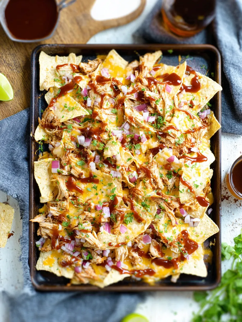 A pan of nachos with BBQ chicken and onions.