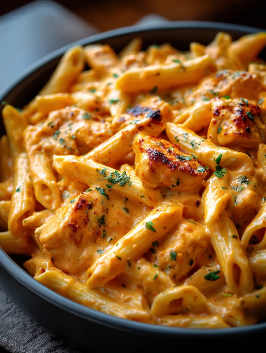 A bowl holding creamy chicken penne and sauce.