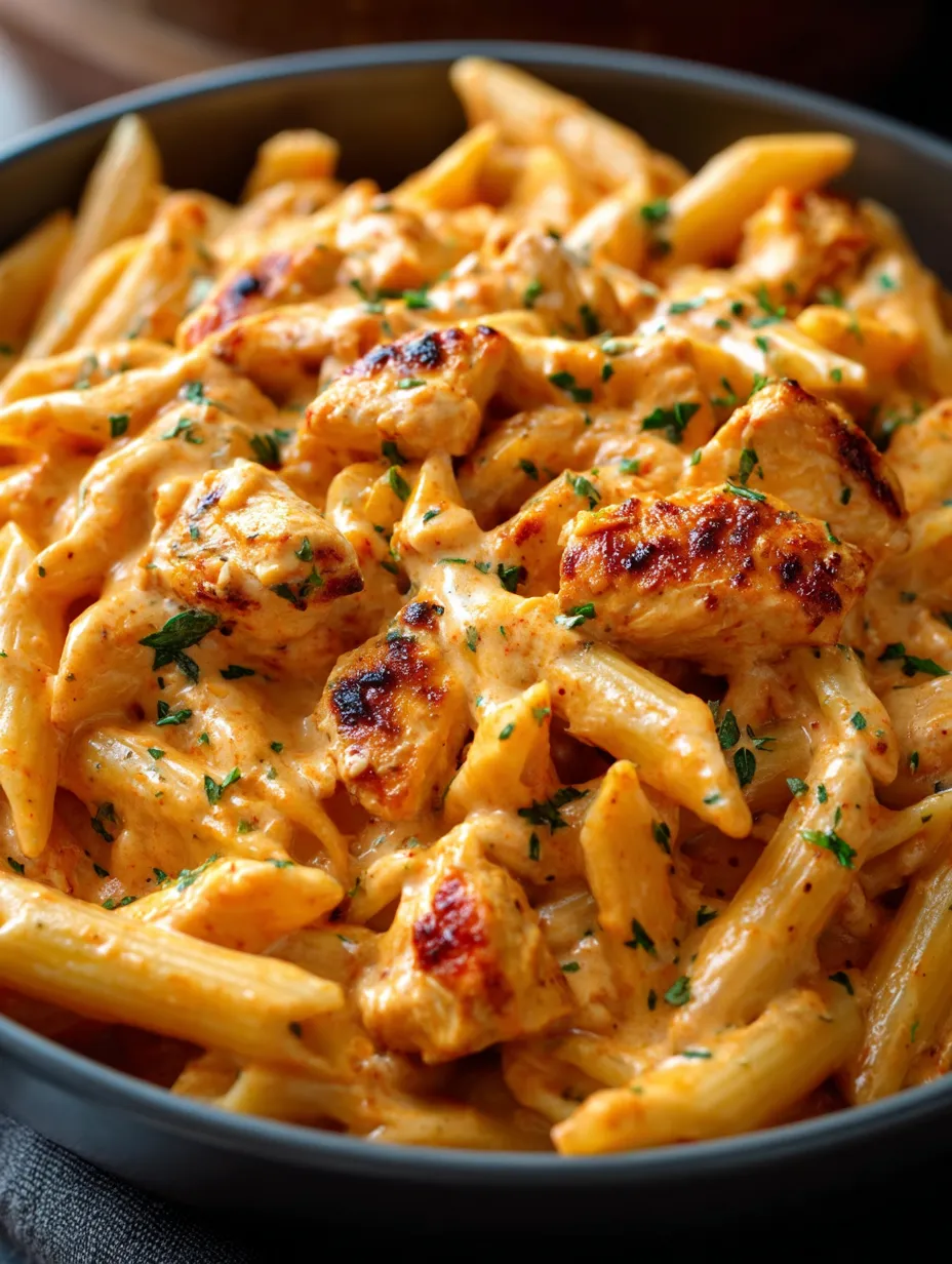 A bowl filled with saucy chicken pasta.