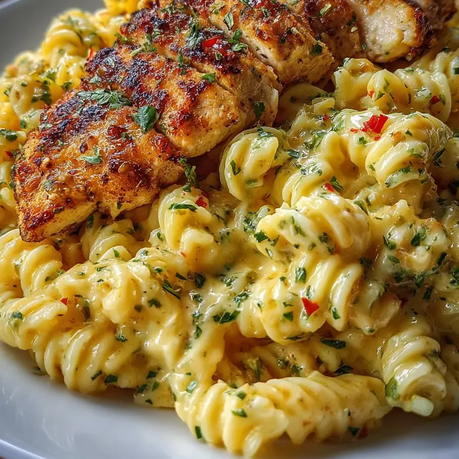 A plate of food with chicken and pasta.