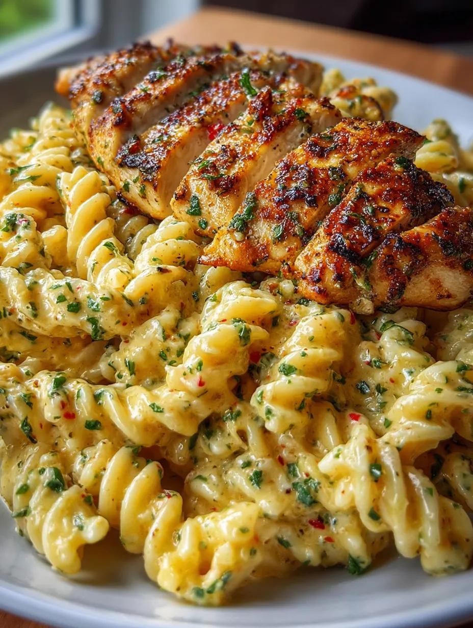 Twisted pasta and seared chicken served on a dinner plate.