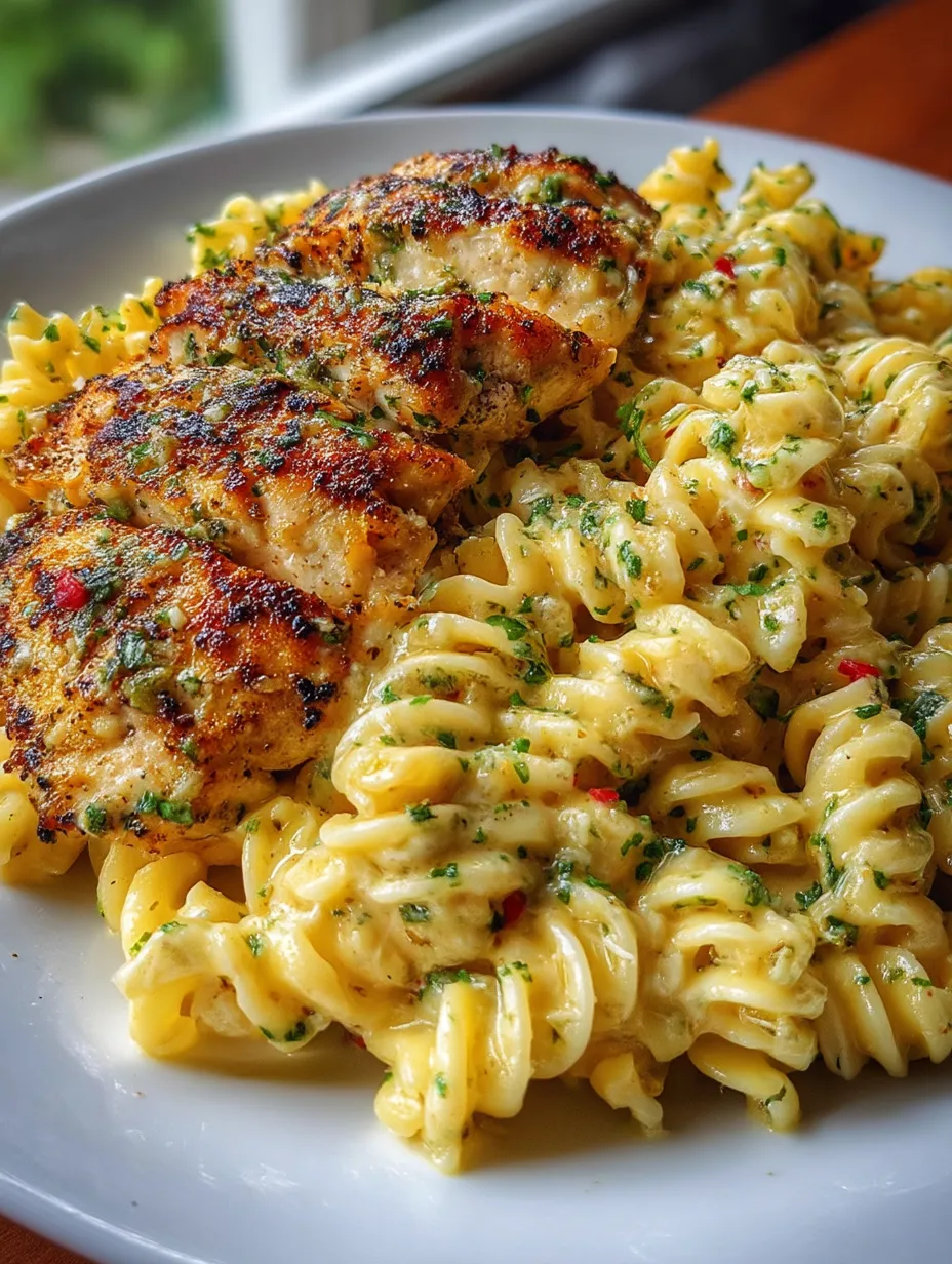 A plate filled with spiral pasta and pieces of golden chicken.