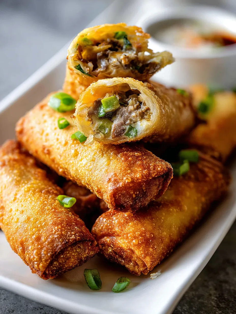 Crunchy cheesesteak egg roll laid out on a plate, ready to enjoy.