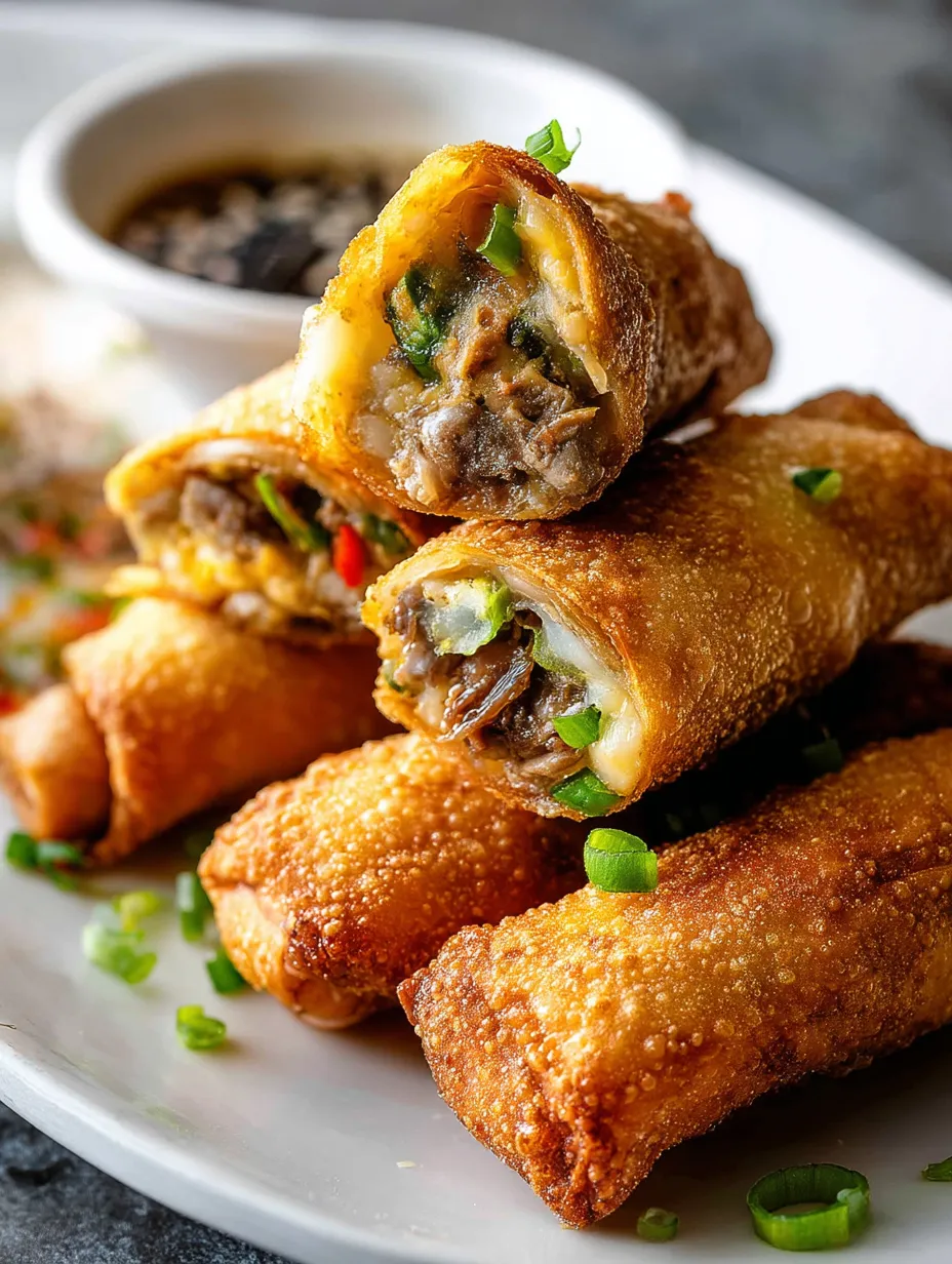 A plate piled with crispy egg rolls and a bowl of dipping sauce.