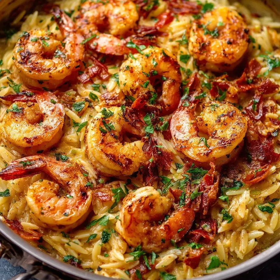 A pan filled with shrimp and creamy orzo.