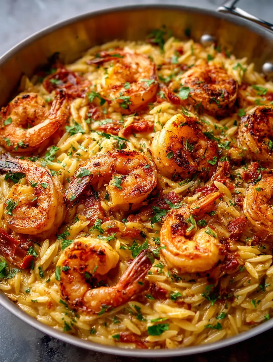 A dish of shrimp and orzo pasta.