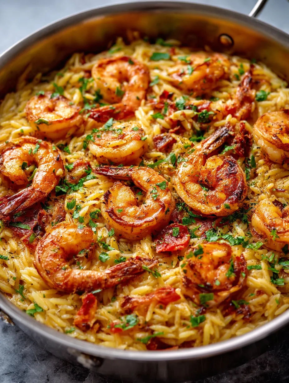 A dish of shrimp and orzo pasta.