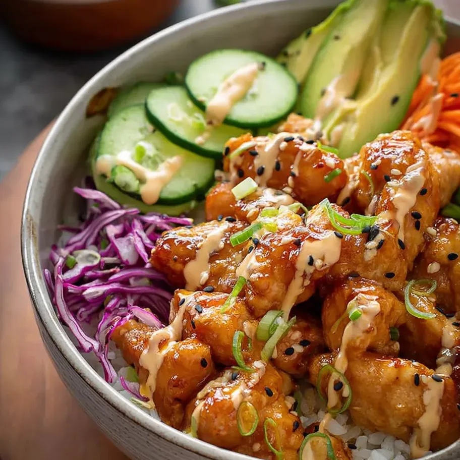 Bowl loaded with chicken, vegetables, and rice.