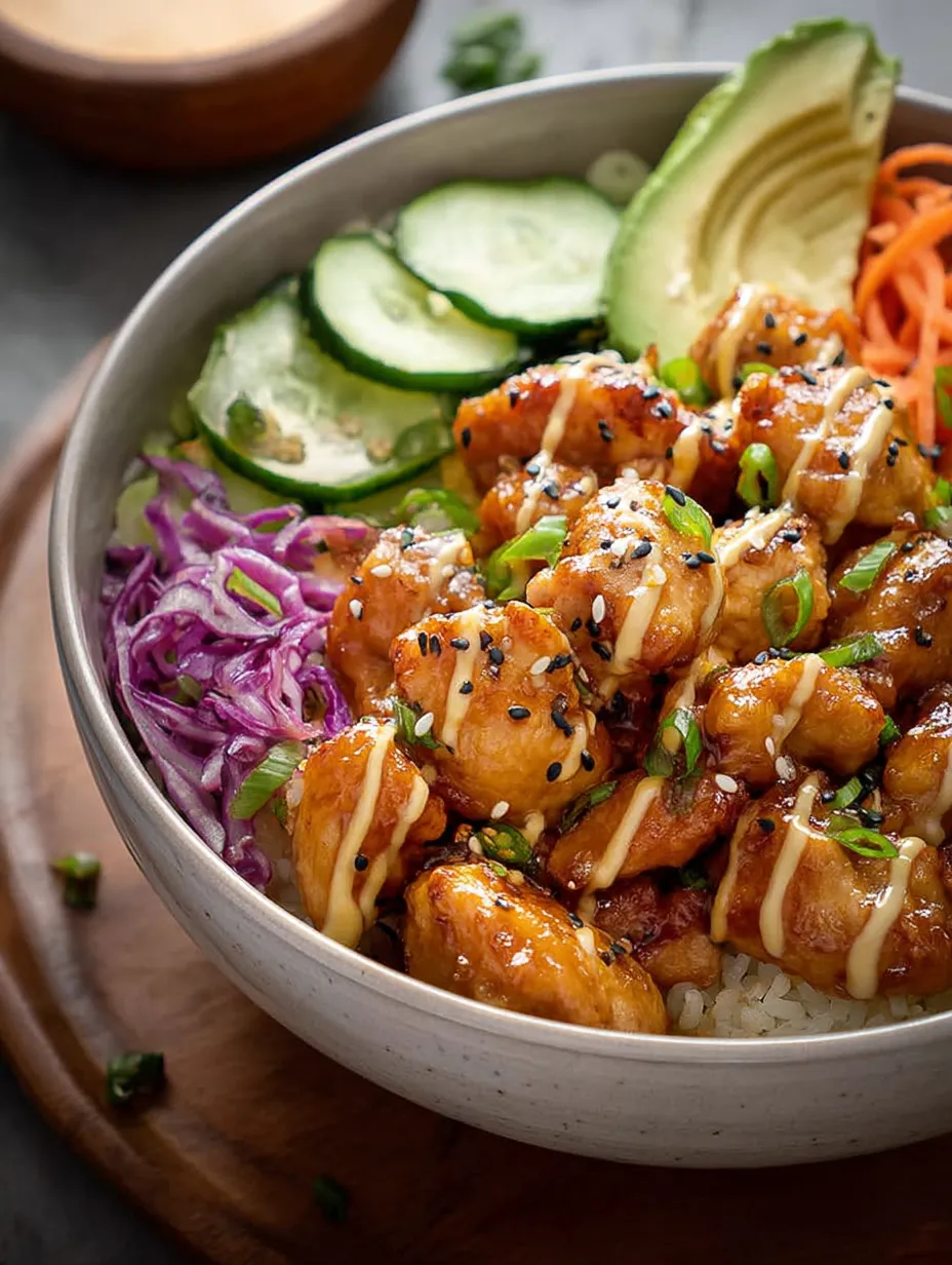 A bowl of bang bang chicken with rice and vegetables.