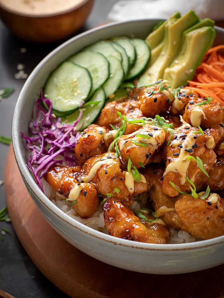 A bowl of bang bang chicken with rice and vegetables.
