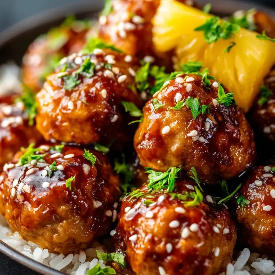 A plate of meatballs with pineapple and teriyaki sauce.